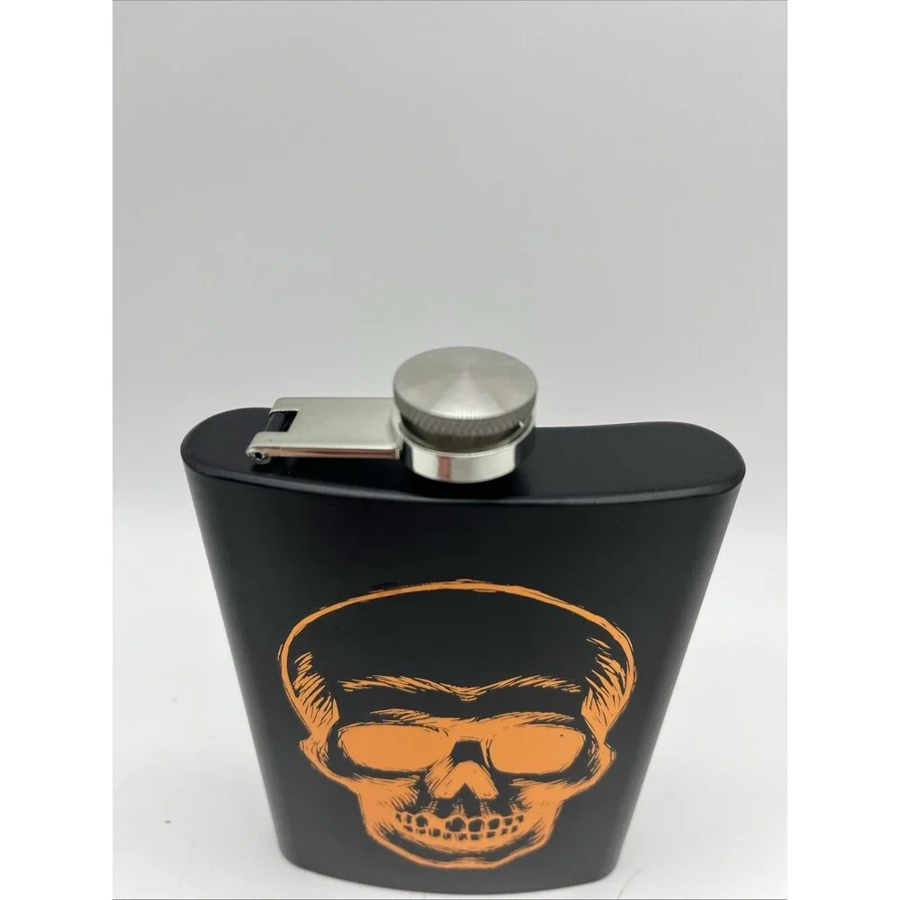 Matte Black 8 oz. Stainless Steel Hip Pocket Flask - Skull Design, New W/out Box